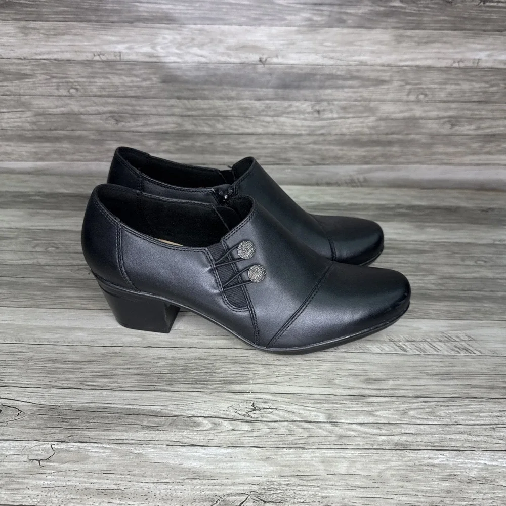 Clarks Emslie Warren Women Size 10 Black Leather Booties Ankle Shoes Heel